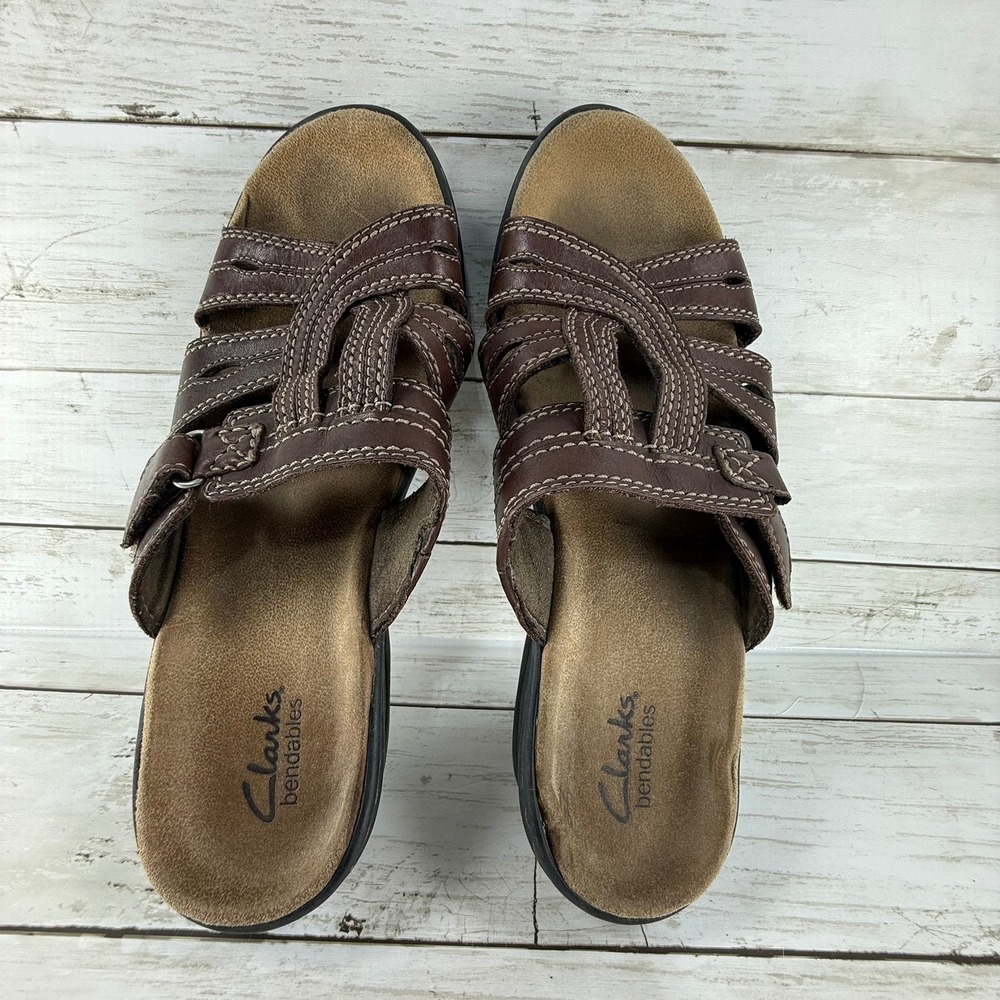 Clarks Bendables Brown Leather Strappy Wedge Slide Sandals‎ 37125 Womens 8M